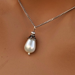 Handmade Natural pearl pendant necklace Sterling silver White teardrop Freshwater pearl Jewelry set Unique artisan gift for women