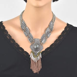 Vintage Chunky Brutalist Pendant necklace Silver Multi Chain Statement Jewelry Unique Tassel Pendant Mid century modern necklace for women