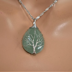 Handmade Tree of life pendant necklace Silver Jade or Opalite Moonstone Wire wrapped Jewelry Artisan Thoughtful gift for women
