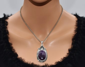 Handmade Large amethyst pendant necklace Chunky purple necklace Gemstone necklace Unique artisan gift for women