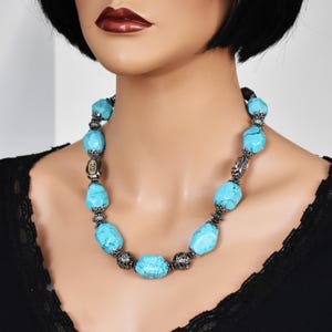 Handmade Chunky Turquoise necklace Blue Gemstone Statement Jewelry Unique artisan gift for women