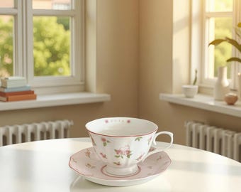 Tasse à thé et soucoupe en céramique Lapin rose vintage | Service à café français