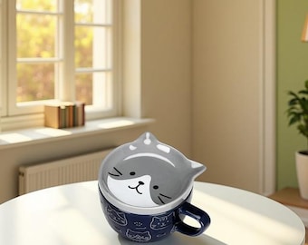 Japanese Cartoon Cat Coffee Mug with Lid – Kawaii Ceramic Breakfast Cup, Cute Tea & Milk Mug for Home Office