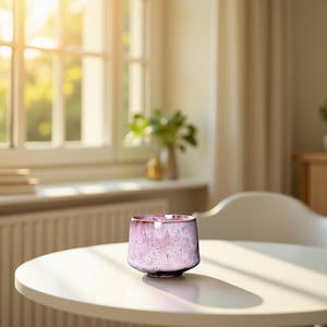 May include: A small, handcrafted ceramic cup with a speckled pink glaze and a dark brown rim. The cup sits on a white table. Natural light streams in from a window. The cup has a unique, textured surface.