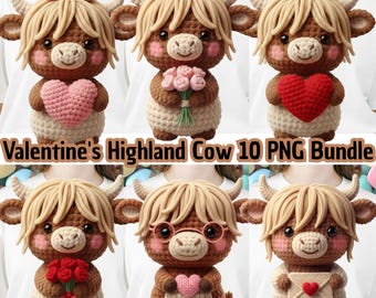 Faux Yarn Crochet Valentine Highland Cow Bundle PNG | Sublimation Clipart | Digital Download
