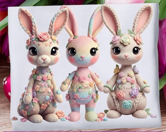 Faux Yarn Spring Easter Bunny Floral PNG Bundle | Pastel Knitted Clipart | Digital Download