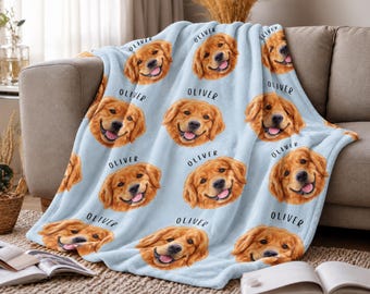 Custom Pet Photo Blanket with Name, Personalized Dog Cat Picture Blanket, Custom Pet Face Throw, Dog Mom Gift, Pet Lover Gift, Pet Keepsake