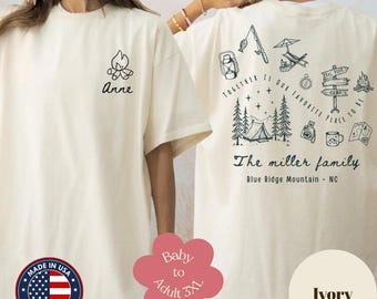 カスタムファミリーキャンプバケーションシャツ、パーソナライズされたキャンプクルーTシャツ、お揃いの湖畔旅行同窓会シャツ、カスタムネーム入りキャンプファイヤーファミリーTシャツ