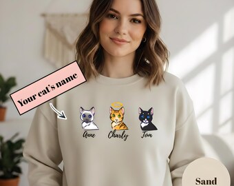 Personalisiertes Katzenmama-Sweatshirt, benutzerdefinierte Katzenporträt-Illustration, bis zu 6 Katzen