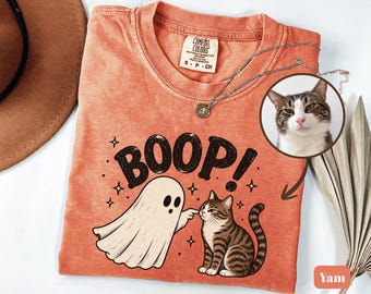Comfort Colors, Personalized Cat Halloween Shirt, Custom Pet Photo Tee, Boop Ghost Cat Mom Shirt, Spooky Cat Lover Gift, Custom Cat Name Tee