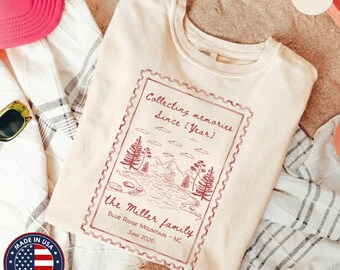 カスタムファミリーキャンプバケーションシャツ、思い出を何年も集めてきたTシャツ、パーソナライズされた湖畔キャンプ旅行同窓会お揃いシャツ
