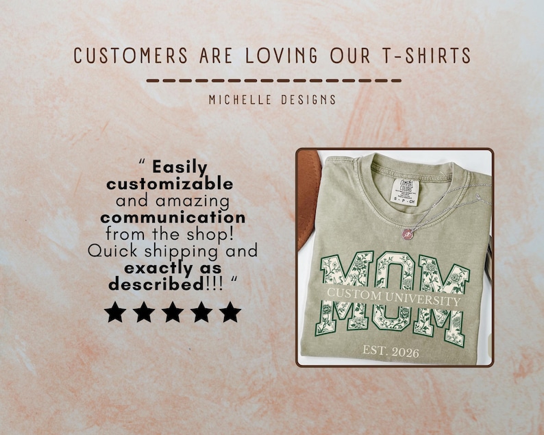 May include: A sage green t-shirt featuring the word MOM in large block letters with a white and green floral pattern. The text CUSTOM UNIVERSITY is printed across the center, with EST. 2026 below. A five-star review is displayed to the left.