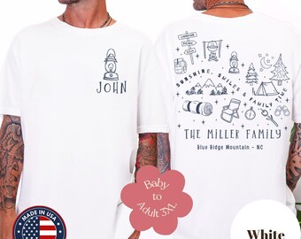 カスタムファミリーキャンプバケーションシャツ、パーソナライズされたキャンプ苗字Tシャツ、お揃いの家族再会旅行シャツ、湖畔キャンプクルーアウトフィット