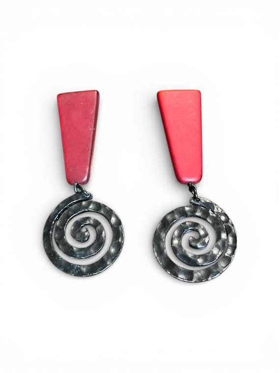 Bold red 1980s postmodern statement earrings - image 1