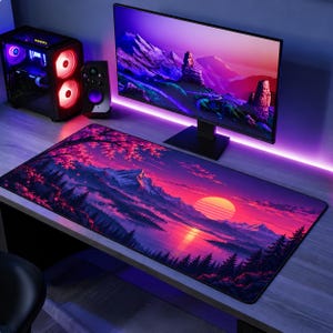Tapis de bureau Synthwave Sunset | Tapis de souris gaming rétro montagne | Tapis de bureau paysage Vaporwave | Décoration de bureau gamer esthétique années 80
