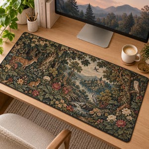 Medieval Tapestry Desk Mat | Dark Cottagecore Mouse Pad | Vintage Woodland Desk Pad | Enchanted Forest Desk Mat | Nature Office Decor