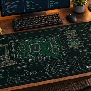Retro Computer Schematic Desk Mat | Programmer Mouse Pad | Vintage Tech Desk Pad | Computer Engineer Gift | Coding Workspace Decor