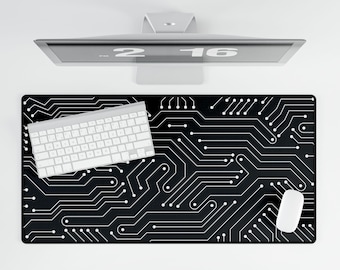 Circuit Board Desk Mat | Black White Tech Mousepad, Modern Workspace Accessory