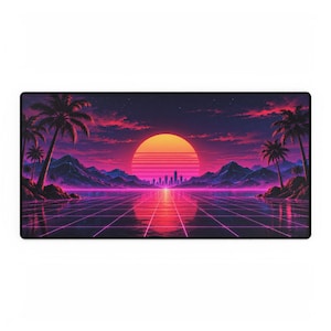 Synthwave-Sonnenuntergangs-Schreibtischunterlage | Vaporwave-Gaming-Mauspad | Retro-Schreibtischunterlage im 80er-Jahre-Neon-Gitter-Design | Pink-lila Gamer-Schreibtischdeko