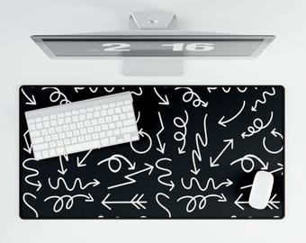 Weisse Gekritzel Pfeile Schreibtischmatte | Schwarze Mousepad Schreibtischunterlage
