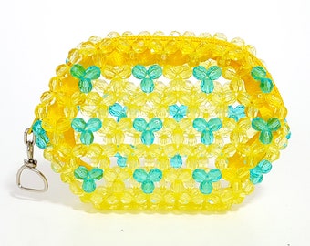 Beaded Wallet, Beaded Coin Purse, Yellow Teal Bead Coin Purse, Bead Wallet, Pretty Coin Purse, Unique Wallet, Unique Coin Purse, Yellow Mini