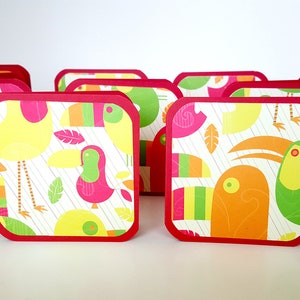 Minitarjetas de tucán, minitarjetas de pájaros, pájaros coloridos, papelería de tucanes, etiquetas de regalo de tucanes coloridos, tucán gigante, tarjetas de 3x3, tarjetas cuadradas