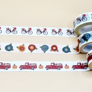 Fall Washi Tape Set, Autumn Washi Tapes, Pumpkin Washi, Fall Colors Washi, Pumpkin Truck Washi, Fall Journaling, Bike Washi, Bicycle, Flower