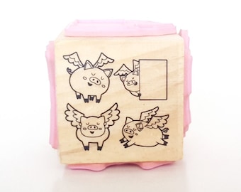 Flying Pigs Stamp, 4 in 1 Stamp, Pig Stamp, Cute Piggy Stamps, Cute Pig Stamp, Wood Stamp, Angel Pig Stamp, Winged Pigs Stamp, When Pigs Fly
