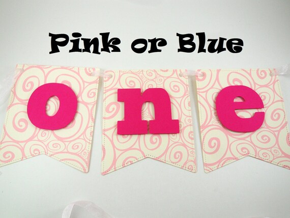First Birthday High Chair Banner, Pink & Blue Swirl, One Flag, 1st Celebration, Girl Boy