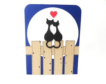 Cat Love Card, Lovers Card, Cat Lovers Card, Cats on a Fence Card, Cat Silhouette Card, Cat Shadow Card, Romantic Cats Card, Lovers Cat Card
