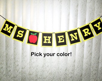 Teacher Banner, Scallop Banner, Scalloped Banner, Teacher Name Banner, Teacher Decor, Teacher Gift, Apple Banner, Chalkboard Teacher Banner