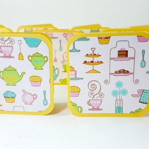 Dans les cartes de cuisine, tablier, théière, cake Mini Cards, Étiquettes carrées, Cartes carrées 3x3, Stand de gâteau, cartes note de cuisine, Mini Cards chef pâtissier,