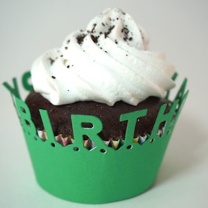 May include: A green cupcake wrapper with the word "Birthday" cut out. The cupcake is topped with white icing and chocolate sprinkles.