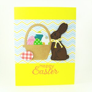 Tarjeta de conejito de chocolate, Tarjeta de Pascua de conejito de chocolate, Tarjeta de huevos de Pascua, Cesta de Pascua con conejito de chocolate, Huevos de Pascua de colores, Conejo de Pascua