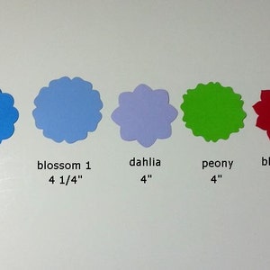 Pode incluir: Cinco formas diferentes de flores de papel em v&aacute;rias cores, incluindo azul, azul claro, roxo, verde e vermelho. Cada flor &eacute; etiquetada com seu nome e tamanho em polegadas. As flores est&atilde;o dispostas em uma fila da esquerda para a direita.