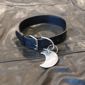 Puede incluir: Un collar de cuero negro con una hebilla de metal plateado y una anilla en forma de D. Un colgante de metal plateado con forma de media luna está sujeto a la anilla. El collar tiene una textura lisa y un diseño sencillo y funcional.
