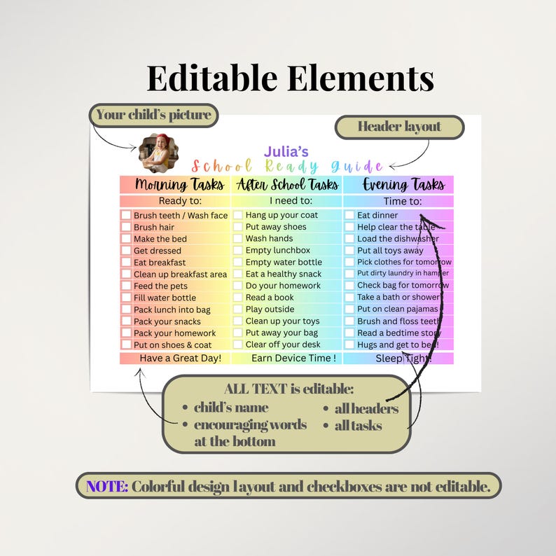 Editable Kids Daily Routine Checklist | Responsibility Chart | Morning ...