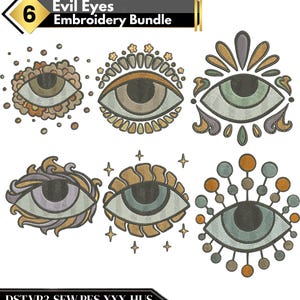 May include: An embroidery bundle with six decorative evil eye designs. Each eye has a unique border in shades of brown, gold, green, and grey. The text "Evil Eyes Embroidery Bundle" is at the top of the image.