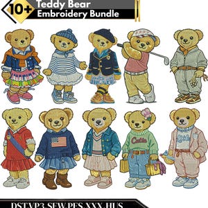 Könnte beinhalten: Ein Stickmuster-Bundle mit zehn Teddybär-Designs. Jeder Bär ist in verschiedenen Outfits gekleidet, darunter ein Matrosenanzug, Golfkleidung und ein Preppy-Look. Der Text "Teddy Bear Embroidery Bundle" steht oben.