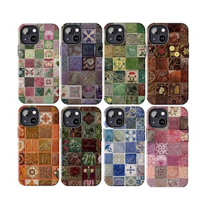 May include: A collection of eight phone cases, each featuring a unique, colorful mosaic tile design. The cases showcase a variety of patterns, including floral, geometric, and abstract motifs. The cases are designed to fit a phone with a camera bump.