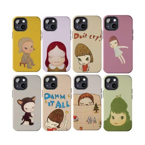 May include: Collection of eight phone cases with unique illustrations. Designs include a seated figure, a girl with closed eyes, a girl in a red dress with the text "Don't cry!", a girl floating, a cat-like figure, a girl with the text "Damm it all", a girl in bed, and a girl with green hair.