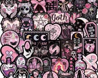 Pink Goth Sticker Pack – Witchy, Tarot, Crystals, Moon and Skull Stickers for Journals, Laptops, Scrapbooks