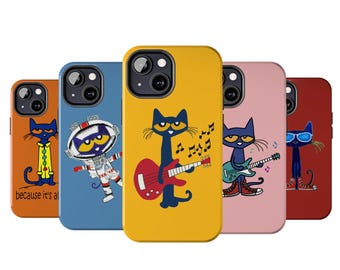 Groovy Pete The Cat Art Phone Case, Blue Cat Aesthetic For iPhone, Samsung, Retro Artistic Cat Guitar Cartoon, Cool Cat Gift
