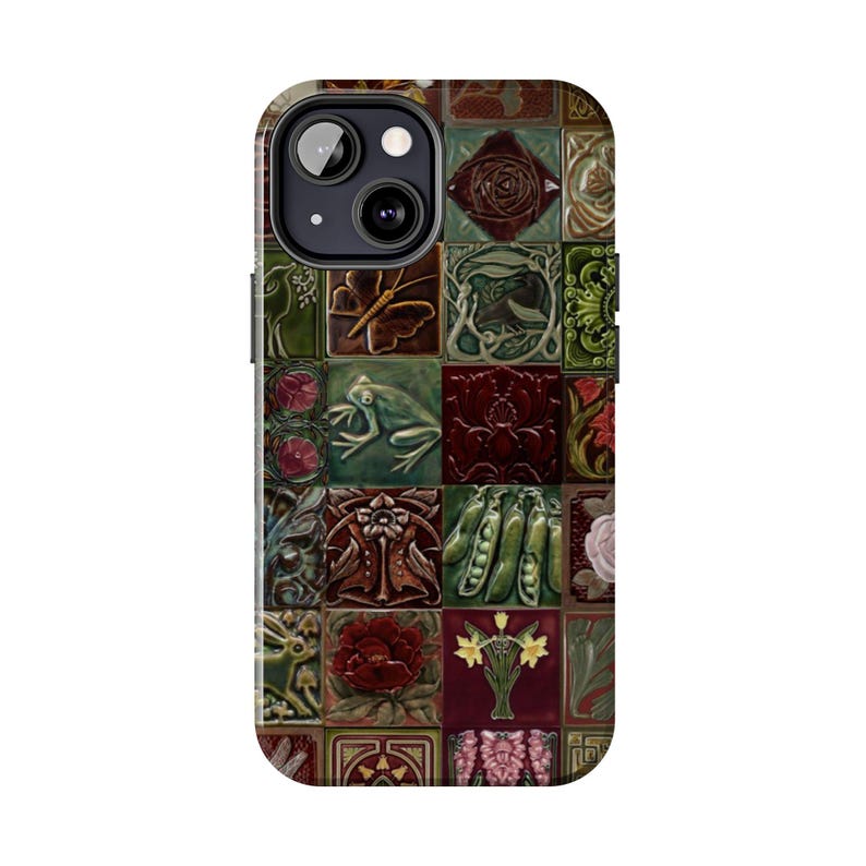 May include: A phone case featuring a mosaic design of various tiles. The tiles are in shades of green, brown, and red, with embossed floral and nature-themed patterns, including a frog, butterfly, and flowers.