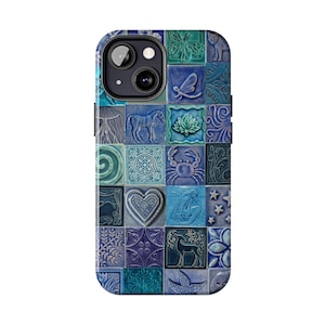 May include: A blue and teal phone case featuring a mosaic tile design. Each tile displays a different image, including a butterfly, dragonfly, horse, heart, and deer. The case has a camera cutout and is made of a durable material.