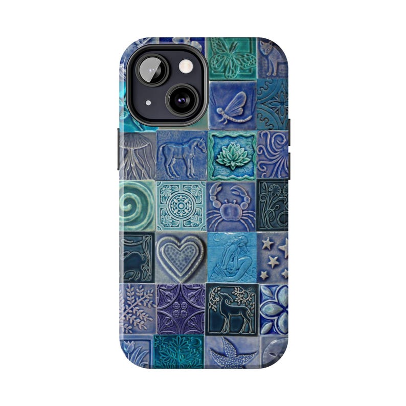 May include: A blue and teal phone case featuring a mosaic tile design. Each tile displays a different image, including a butterfly, dragonfly, horse, heart, and deer. The case has a camera cutout and is made of a durable material.