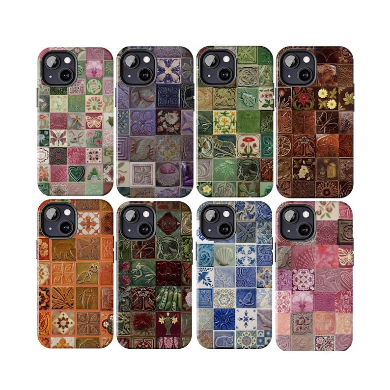 May include: A collection of eight phone cases, each featuring a unique, colorful mosaic tile design. The cases showcase a variety of patterns, including floral, geometric, and abstract motifs. The cases are designed to fit a phone with a camera bump.