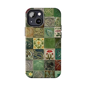 May include: A phone case featuring a mosaic design of small, square tiles. Each tile is a different color and depicts a nature-themed image, such as a dragonfly, frog, or flower. The case is designed to fit a smartphone.