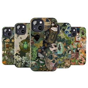May include: Five phone cases with distinctive collage designs. Each case showcases a different arrangement of images, including insects, plants, and celestial elements, in various colours. The cases are designed to fit a smartphone.