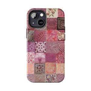 May include: A phone case featuring a patchwork design of various square tiles in shades of pink, red, and beige. Each tile has a unique embossed pattern, including floral, geometric, and abstract designs. The case has a camera cutout.